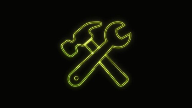  Hammer and Wrench Icon Neon Seamless Loop 4K with Black Background Animated Promotional Typography for Video Editing