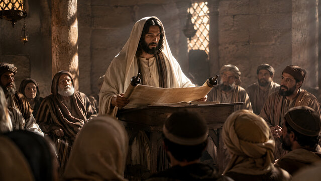 A cinematic depiction of Jesus Christ standing at a wooden lectern, reading from a large ancient scroll to a gathering of people in a stone synagogue.