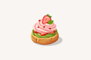 Matcha choux à la crème with strawberry whipped cream swirl and mint leaf decoration. Green tea pastry vector illustration. © Akasha Design