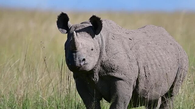 Black rhinoceros standing in open African savanna grassland with oxpecker bird perched on its back