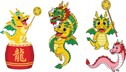 Obraz premium Chinese New Year Dragon Set — Cute Gold Dragon with Drum, Twin Dragons & Baby Dragon Pair Illustration