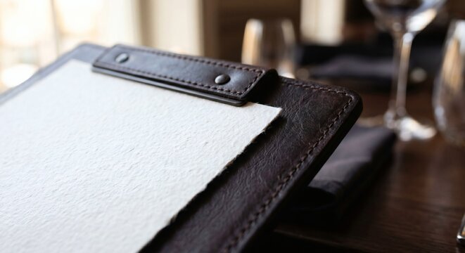 Blank white textured paper menu mockup in leather holder