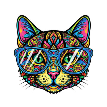 Colorful pixel art cat face with geometric patterns
