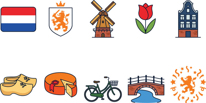 Dutch cultural icons including flag crest windmill tulip house clogs cheese bicycle and bridge