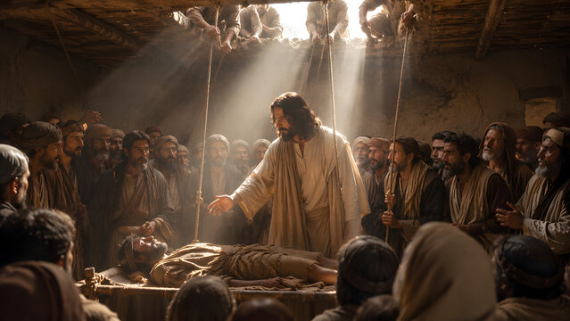 A cinematic depiction of Jesus standing in a crowded room, reaching out to heal a paralyzed man who has been lowered down on a stretcher through the roof.