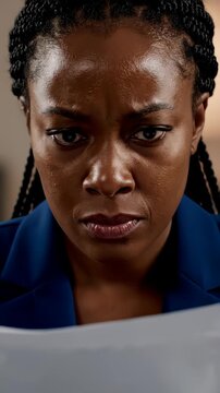 Extreme close up, deeply suspicious woman narrowing her eyes in a dimly lit room, 4k.
