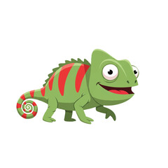 Fototapeta premium Smiling green chameleon with red stripes and curled tail