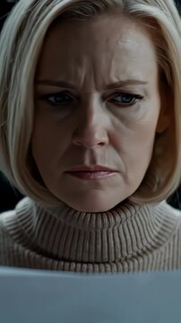 Extreme close up, deeply suspicious woman narrowing her eyes in a dimly lit room, 4k.