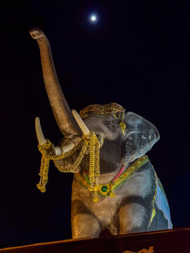 Decorated elephant statue under a full moon at night in Chiang Mai