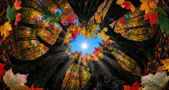 A vibrant, full-circle fisheye perspective looking up through massive, textured tree trunks clad in brilliant autumn foliage. The blazing reds, oranges, and yellows contrast sharply against a clear bl