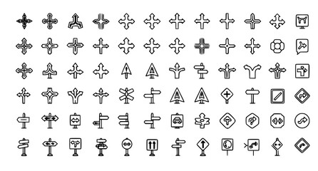 Obraz premium Direction and navigation icon collection with three way road sign arrow symbols vector illustration