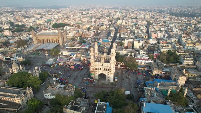 Experience the breathtaking aerial drone view of Charminar and Hyderabad cityscape, India.