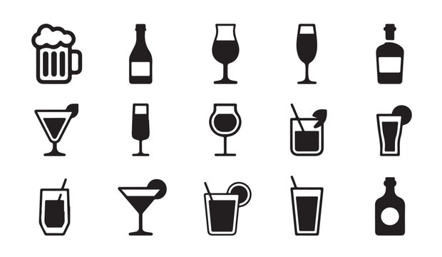 Various alcoholic beverage icons featuring beer mugs wine glasses and fruit juice drinks set.
