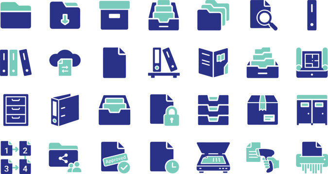 Document management and archive data vector icon set with office file storage paper organization symbols