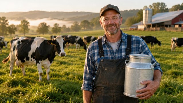 Smiling dairy farmer holding a milk can in a green pasture with grazing Holstein cows, barn and silo at sunrise