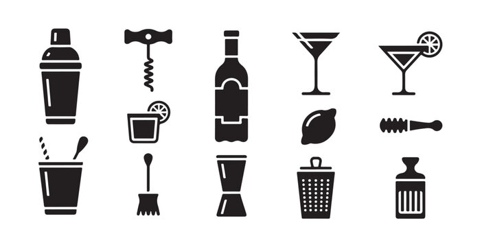 Bartending tools and cocktail ingredients set icons.