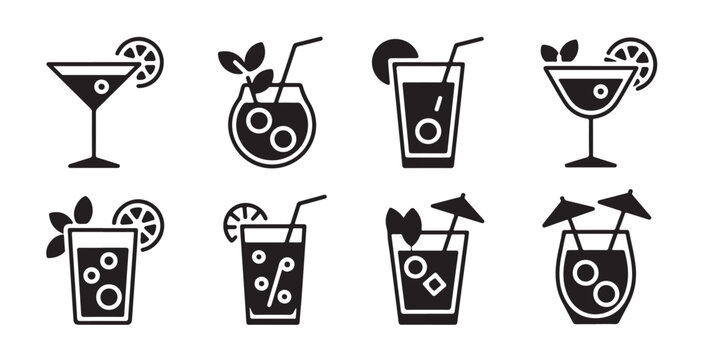 Artistic drink icons with mint leaves and cocktail umbrellas for modern beverage branding.