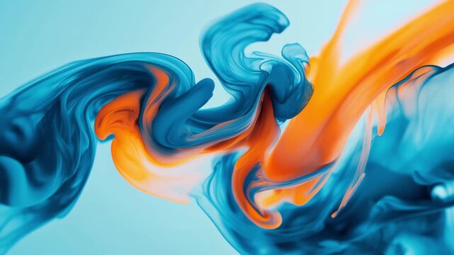 Blue and orange paint mix in water, creating dynamic patterns and shapes that draw the eye and inspire creativity