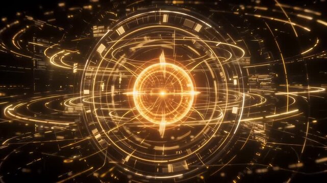 Glowing gold digital sphere with rotating orbital rings and complex data animation for motion footage
