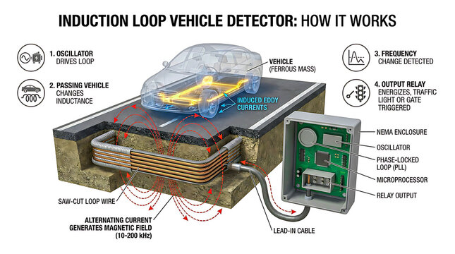 How an Induction Loop Vehicle Detector Works - Cutaway 3D Infographic of Magnetic Field Disturbance and Frequency Shift