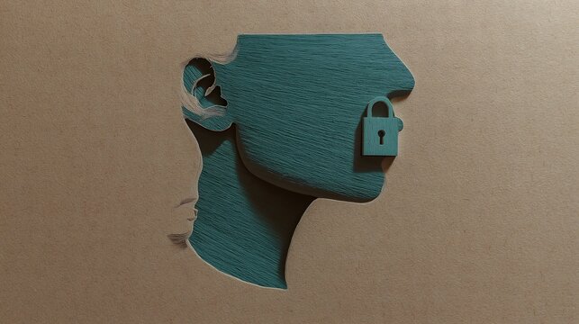 Paper craft head profile with teal padlock symbol on mouth area on brown kraft background. Represents PTSD silence, trauma suppression, mental health stigma, and breaking the silence around psychologi