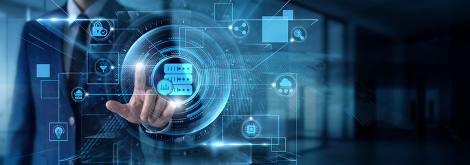 Naklejka premium Data Scientist touching Big Data data and massive dataset analysis, cloud storage information architecture, predictive pattern recognition, enterprise storage solutions.