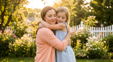 Fototapeta premium Loving mother and daughter hugging in a sunny garden. Woman embracing child with closed eyes outdoors. Happy family bonding and affection concept
