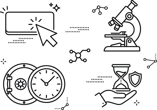 Science and business security line art vector icons with microscope clock vault hand hourglass shield click button network