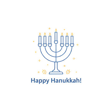 Happy Hanukkah minimalist line art greeting card with menorah and glowing candles vector illustration for holiday banners. Jewish holiday Hanukkah linear menorah symbol with dreidels and stars