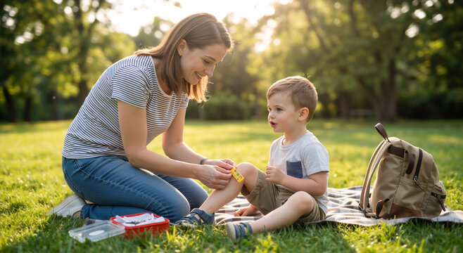 Mother applying bandage to her son's knee in the park. Caring parent helping injured child with first aid kit during outdoor picnic