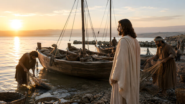 A cinematic depiction of Jesus Christ standing on the shore of the Sea of Galilee, watching fishermen work with their nets by wooden boats at sunrise.