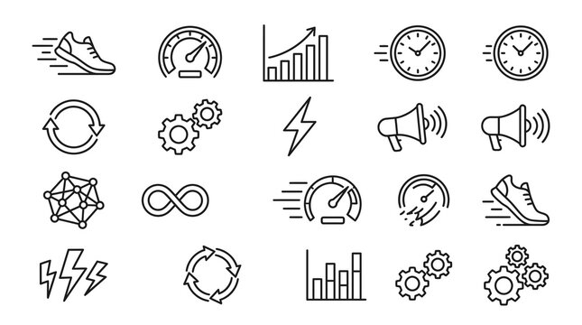 Collection of 20 line icons for business speed and performance