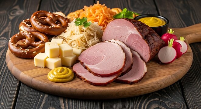 traditional German Brotzeit charcuterie board set on a dark, rough-hewn pine table, Black Forest Ham and Smoked Br�der Basil cheese, Hand-carved thick slices of rich smoked ham, semi-soft smoked chees