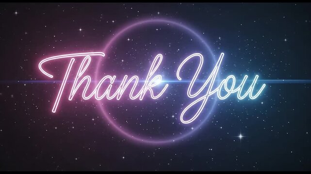 Thank you text animation glowing with vibrant pink and blue neon lights against a sparkling dark space motion video background