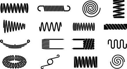 Obraz premium Metal industrial steel spring coil black silhouette vector icon set with tension compression torsion suspension and spiral shapes