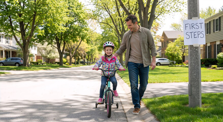 Obraz premium Father teaching his young daughter to ride a bicycle on a suburban street. Happy girl on bike with training wheels and helmet. Parenting milestone concept