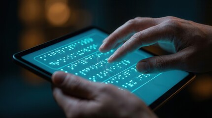 Person interacting with a haptic touchscreen tablet featuring a braille interface.