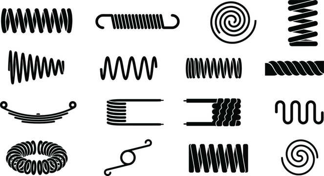 Metal industrial steel spring coil black silhouette vector icon set with tension compression torsion suspension and spiral shapes