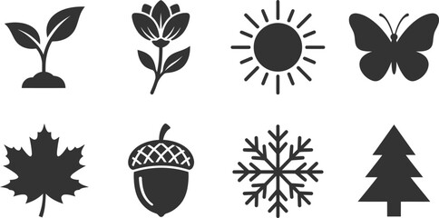 Natural elements and seasonal icons set including plant sprout flower sun butterfly leaf acorn snowflake and tree © PIXAVIVE