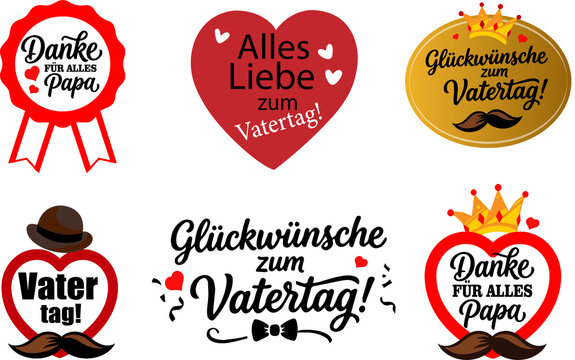 German Father's Day greeting badges set vector. Typographic stickers collection with hearts, mustache and crown.