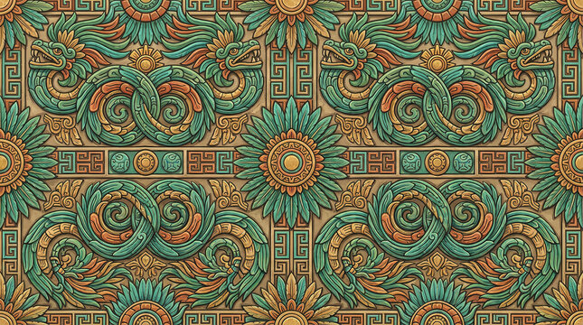 Intricate Aztec serpent pattern with feathered details and sun motifs in vibrant earthy tones.