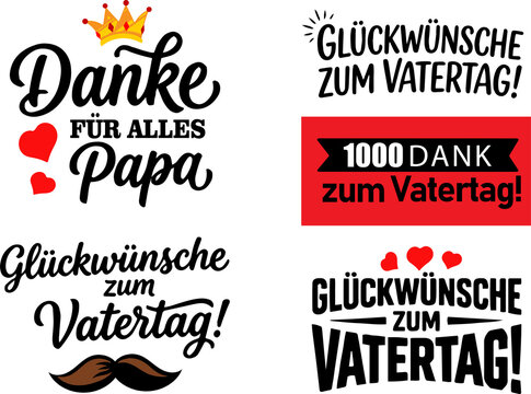 German Father's Day greeting badges set vector. Typographic stickers collection with hearts, mustache and crown.