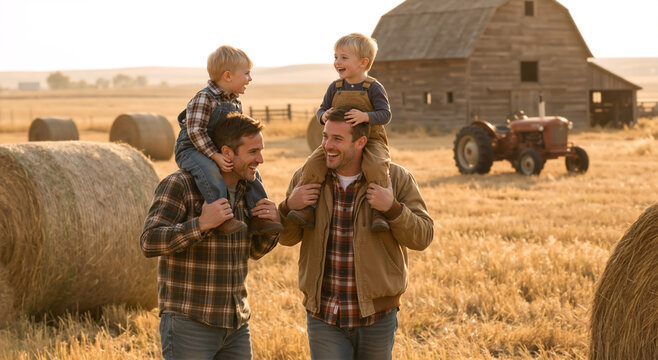 Two fathers carrying their sons on shoulders in a hay field. Happy gay parents with twin boys on a farm at sunset. Modern family harvest concept