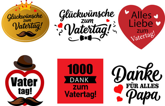 German Father's Day greeting badges set vector. Typographic stickers collection with hearts, mustache and crown.