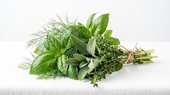 Fresh herb bundle with basil, dill, sage, and thyme tied with twine on a white fabric tablecloth surface