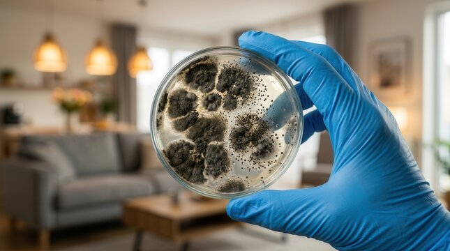 A gloved hand holding a petri dish with mold culture in a modern living room.