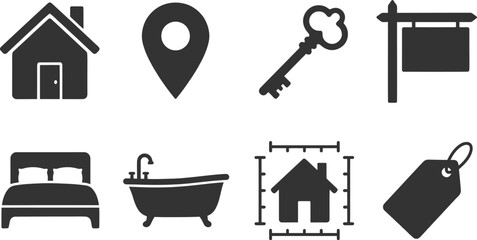 Real estate and housing icon set with house location pin key signpost bed bathtub floor plan and price tag © PIXAVIVE