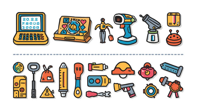 Collection of Gadgets and Gizmos: A vibrant assortment of illustrated technological devices, tools, and playful objects, showcasing a variety of shapes, sizes, and functions in a colorful.