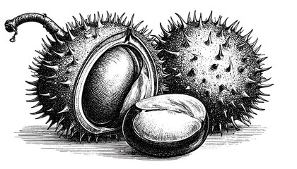 Obraz premium Detailed engraving of buckeye nuts. Spiky shells and smooth interiors depicted with rich tonal variations