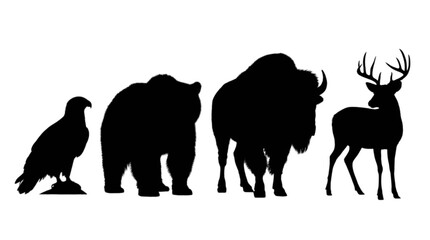 Black silhouettes of eagle bear bison and deer © Md